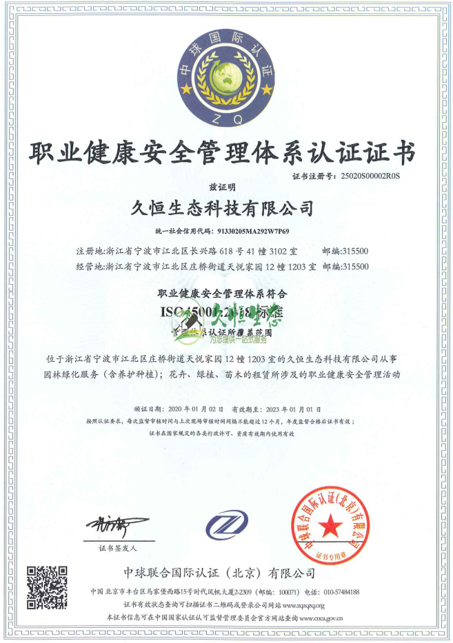 宁波1职业健康安全管理体系ISO45001证书
